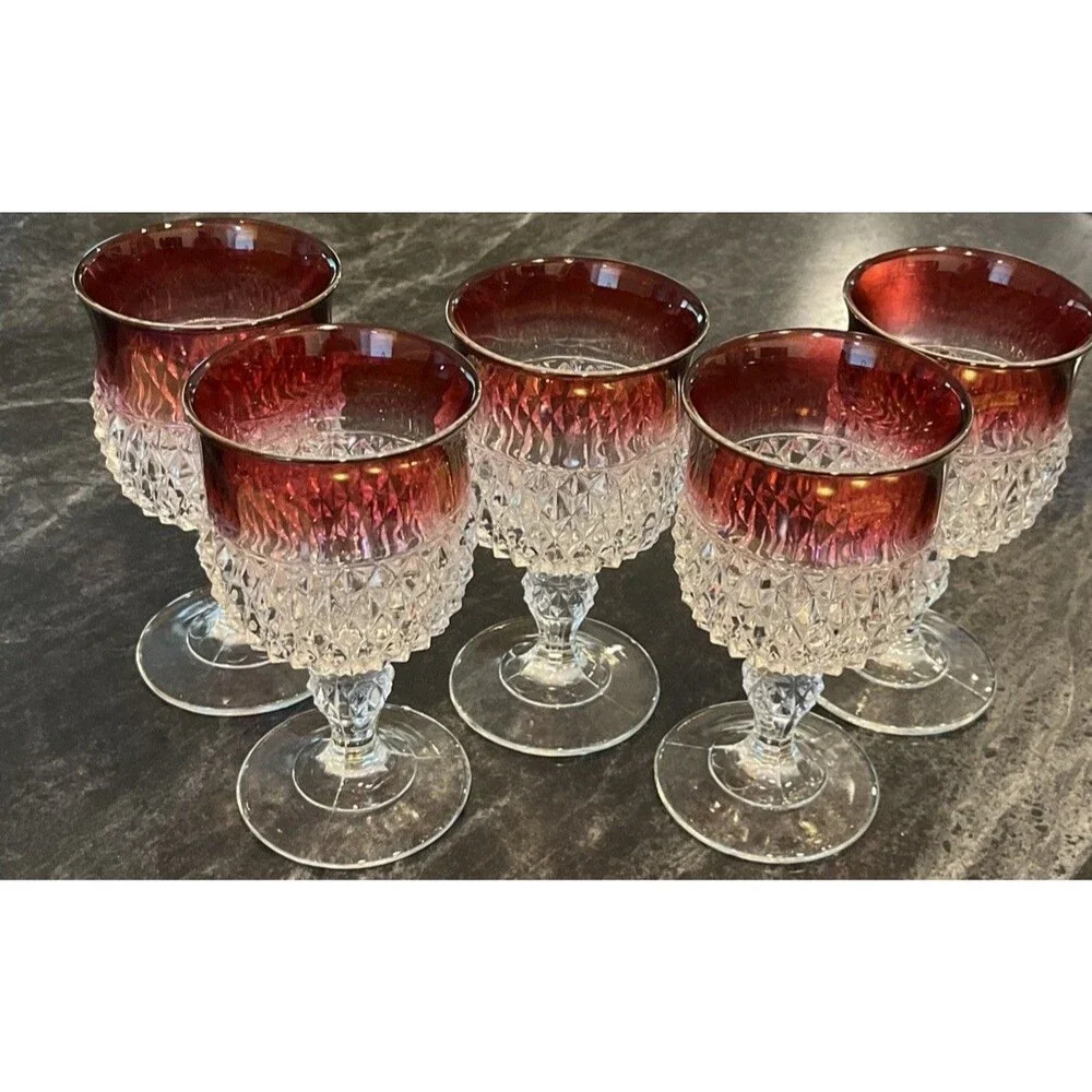 VNTG set of 5 Diamond Point & Ruby Red Flash Water Wine Goblets  Indiana Glass